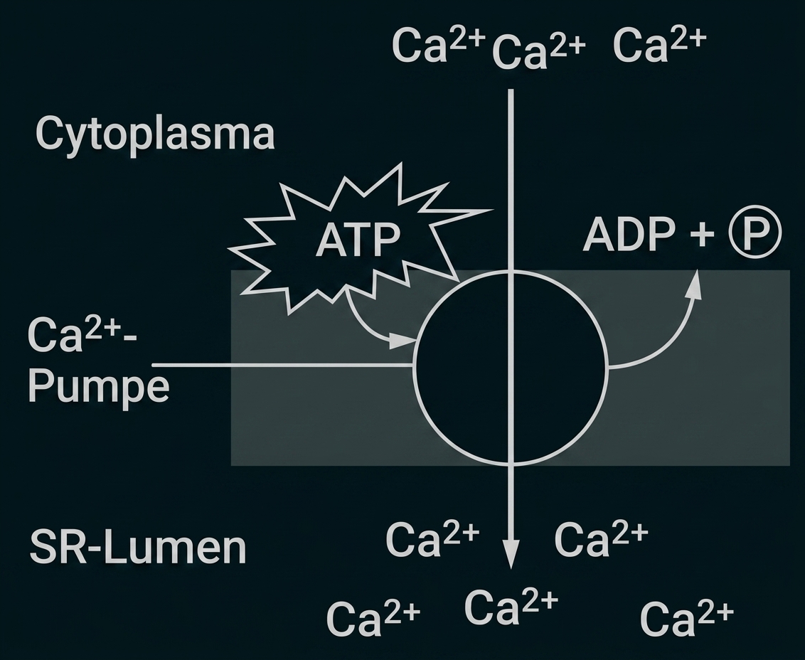 Schema einer Ca2+-Pumpe mit ATP-Verbrauch und Transport von Calcium über eine Membran